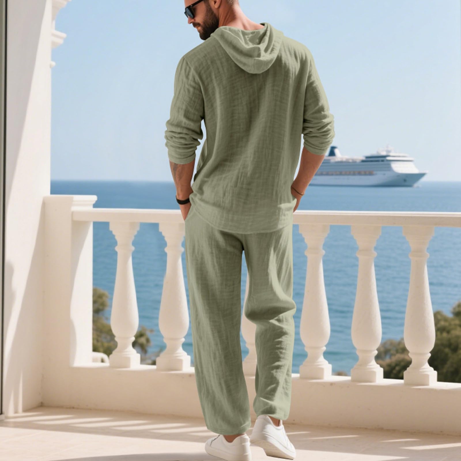 Ensemble 2 Pièces Haut Et Pantalon Amples À Capuche For Hommes, Tenue De Costume En Lin Décontractée Avec Cordon De Serrage, Tenue Quotidienne