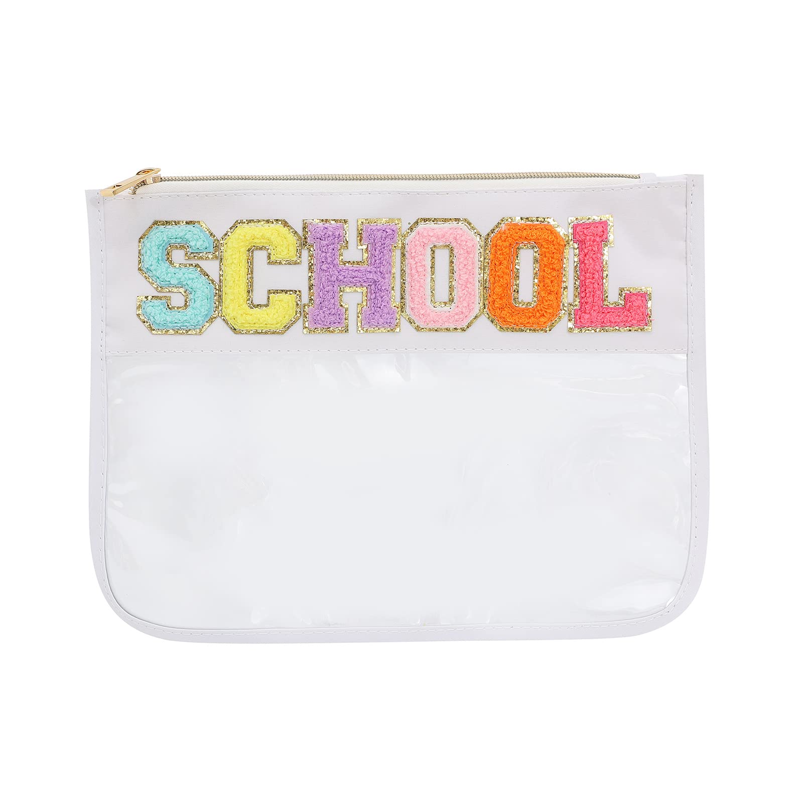 BCRMPT Chenille Letter Bag Clear Flat Pouch,Multi-purpose PVC&Nylon Clear Cosmetic Bags,Travel Makeup Bag With Zipper For Women,Clear Pouches for Travel,Gym,Beach (White-School)