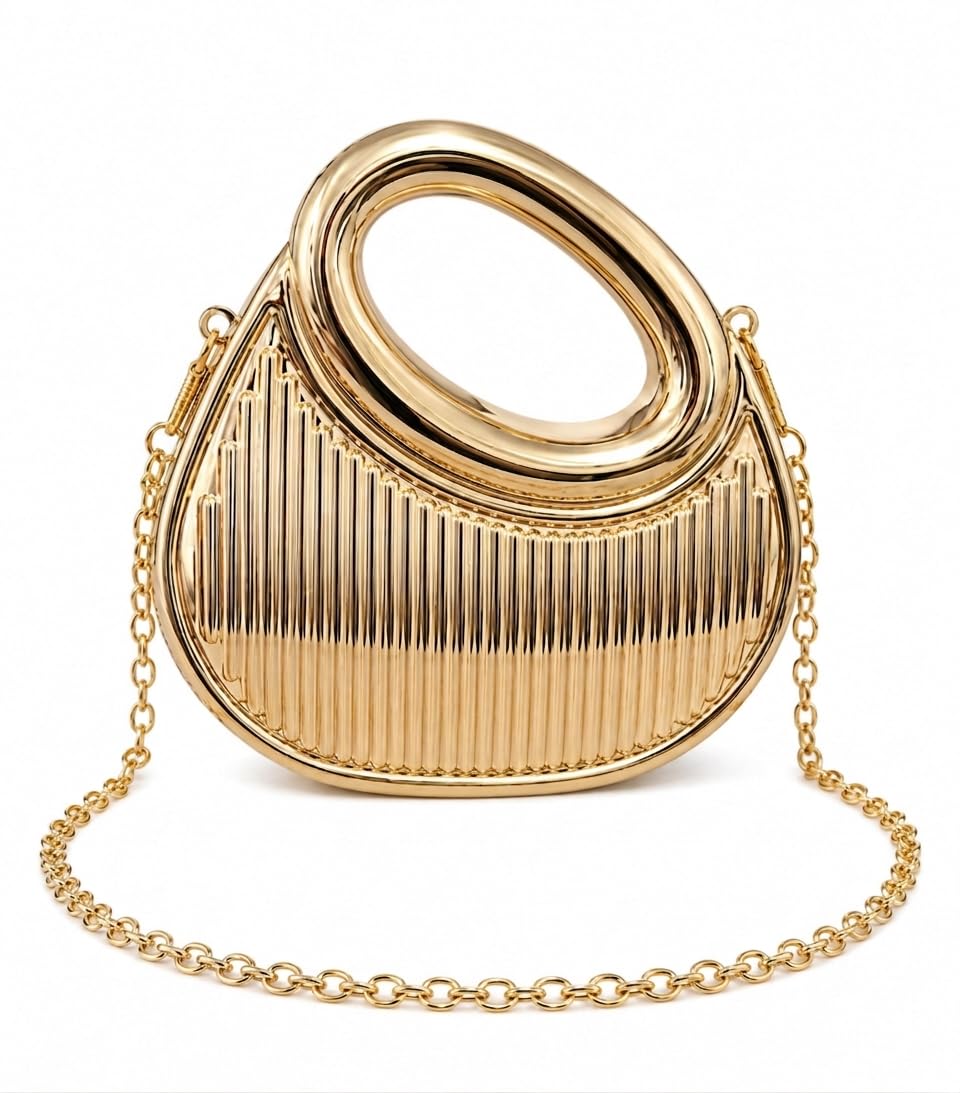 Luxurious Handbag | Fashionable Golden Clutch bag wth Stripes | Metallic Mirror Finish with Detachable Gold Chain Strap | Stylish sling Bag for Girls & Women | Perfect for Party & Weddings-image-31