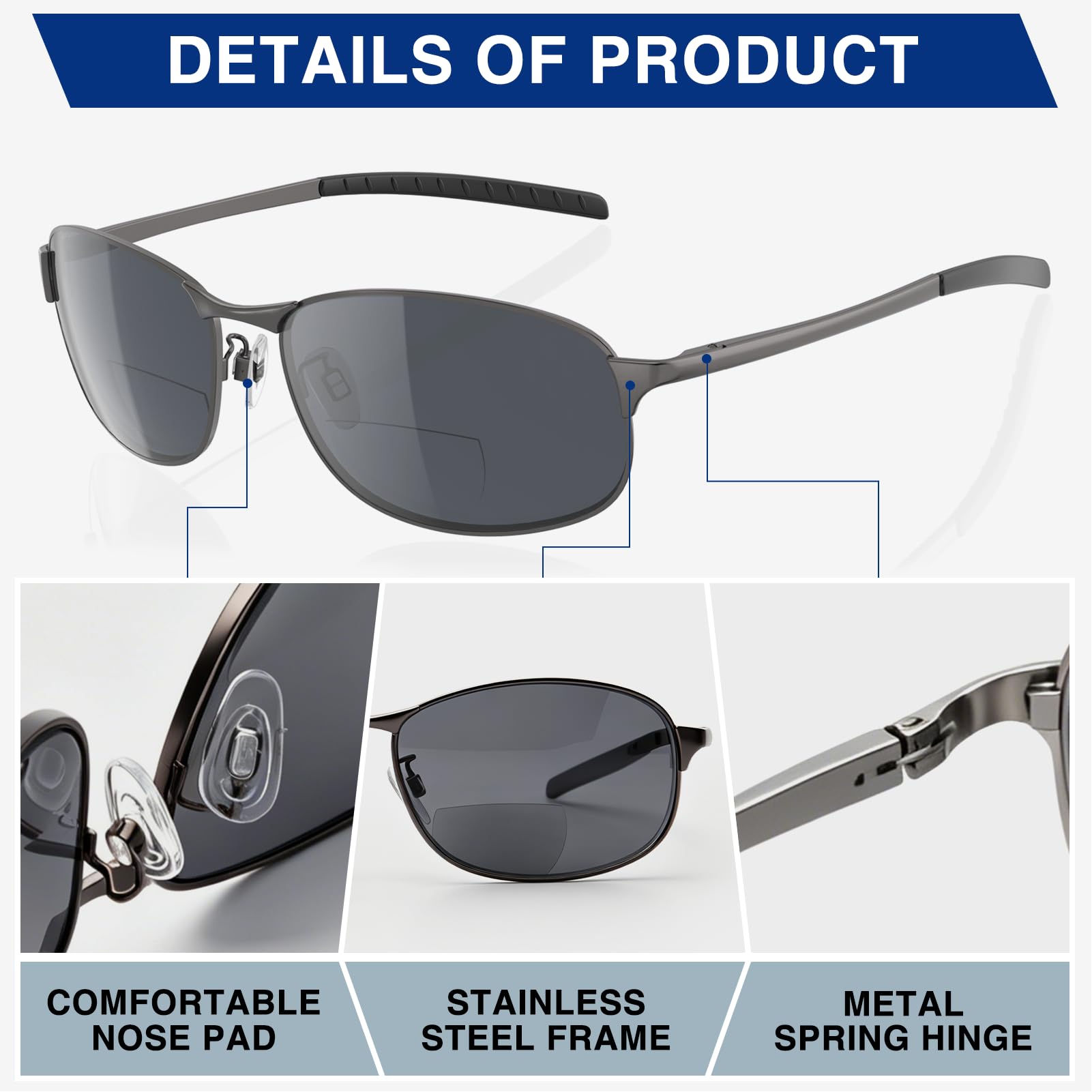 DEHOTRE 2 Pack Herren Bifokale Lesesonnenbrille, Edelstahlrahmen/Fahren Sonnenbrille Zero Top UV400 Metallscharnier
