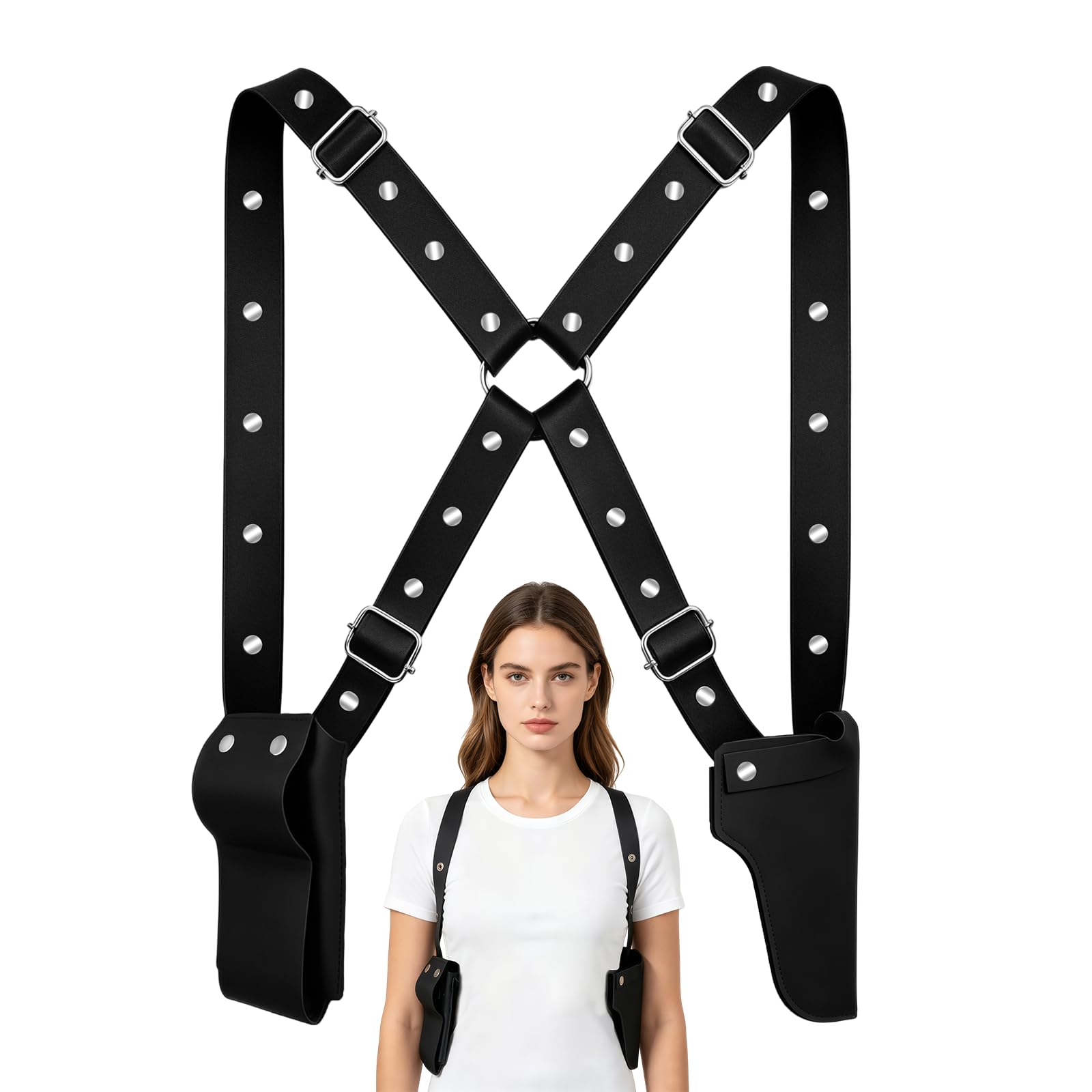 JUFYVO Black Faux Leather Adjustable Holster Tomb Archaeologist Costume Underarm Concealed Pistol Holster Vest for Adults