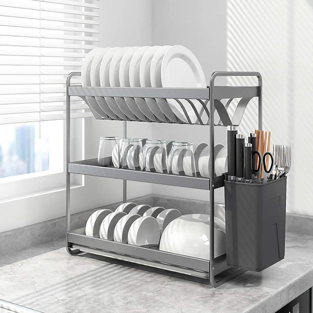 Scolapiatti, con vaschetta raccogligocce in Alluminio, Porta Utensili da Cucina, per pentole, Ciotole, Piatti e Utensili da Cucina/Grigio / 48 cm