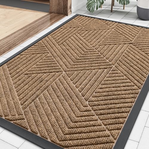 Image of Smiry Front Door Mat Outside Entrance, Heavy Duty Sturdy Natural Rubber Doormat, Trap Dirt and Moisture, Easy Clean Low Profile Mats for Indoor Outdoor Entry, Irregular Triangle (29.5x17, Light Brown)