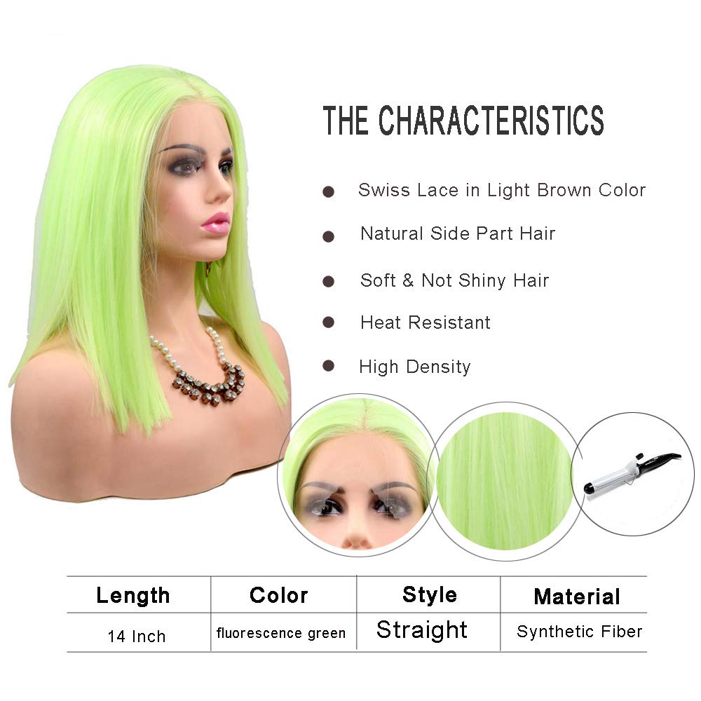 Karissa Haar fluoreszierende grüne kurze Bob Perücken für Frauen Hot Green synthetische Spitze Front Perücke mit Baby Haar leimlos Hochtemperatur Faser schulterlange weibliche Cosplay Party Perücke