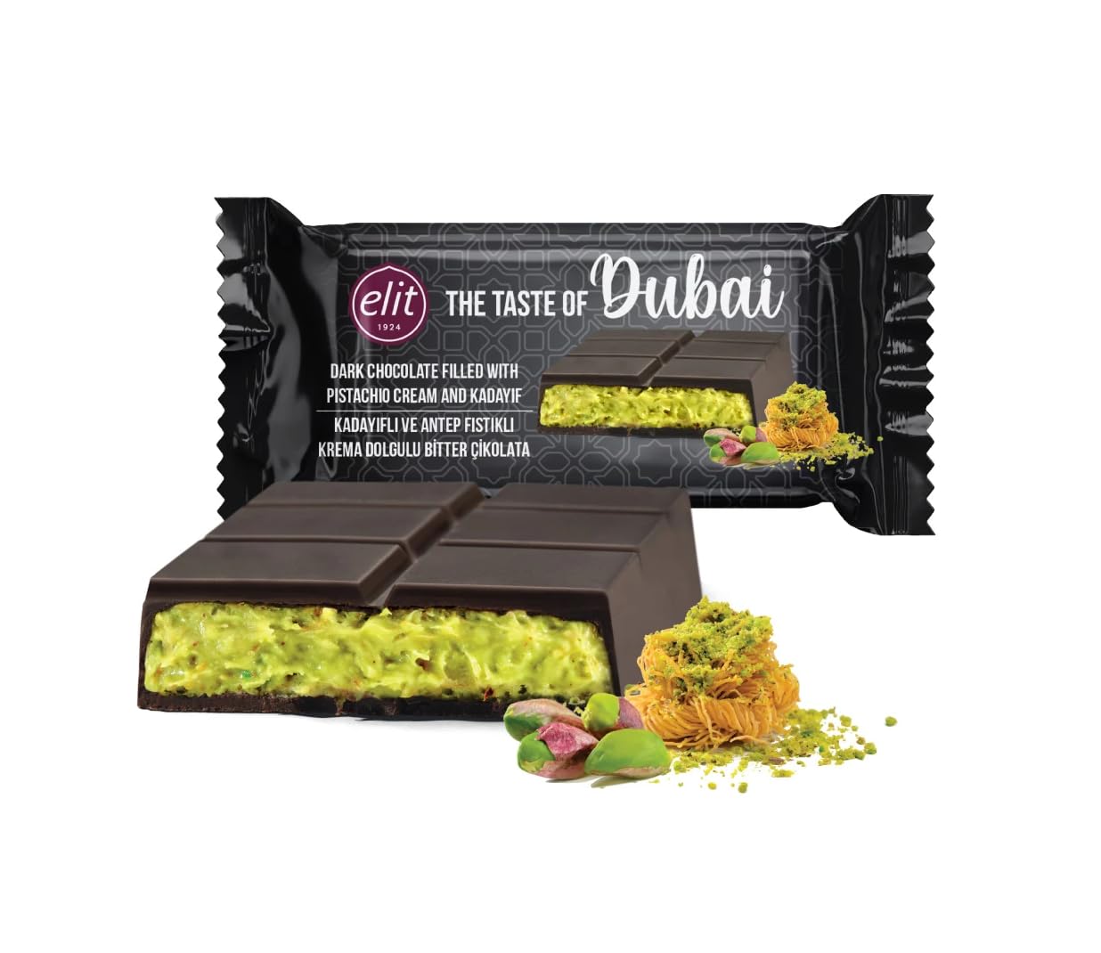 Velafee Dubai Chocolate Bar Pistachio Kunafa (Dark 80g), Dubai Made Viral Dubai Pistachio Chocolate Bar, Middle Eastern Dessert, Premium UAE Milk Chocolate