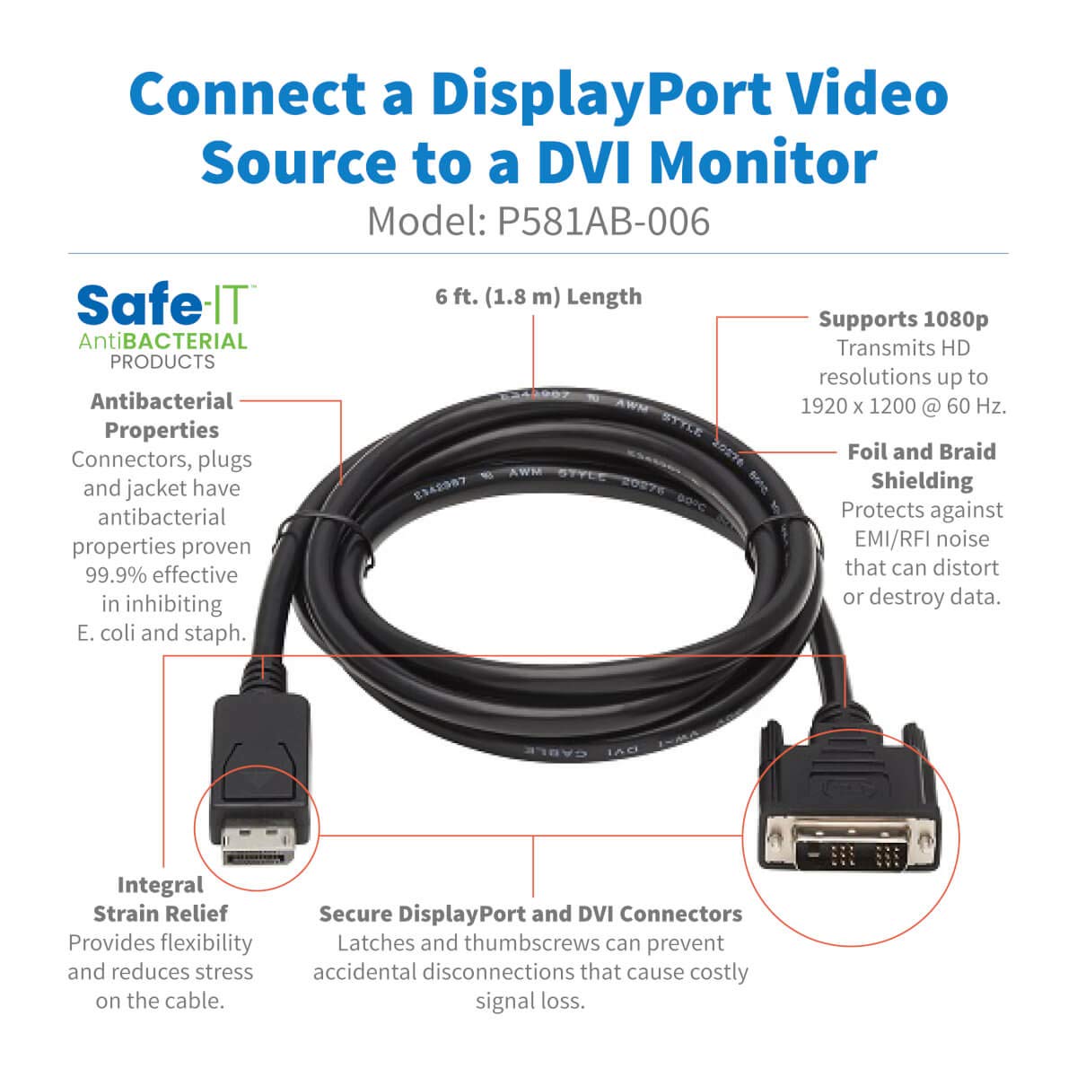 TRIPP LITE Safe-IT DisplayPort to DVI Cable, DP to DVI-D Single Link Adapter (M/M), 6 Feet / 1.8 Meters, Limited Life Manufacturer's Warranty (P581AB-006)