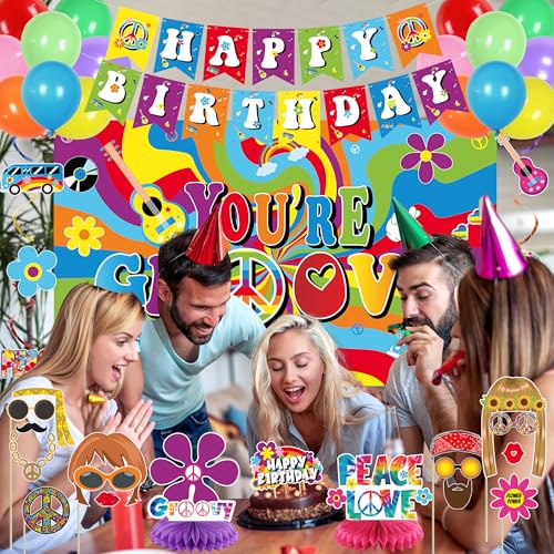 Image of Crenics 60s Theme Party Decorations - Retro Groovy Backdrop, Banner, Hanging Swirls, Centerpieces, Photo Props, Balloons and Cake Topper for 1960s Hippie Birthday Party Supplies