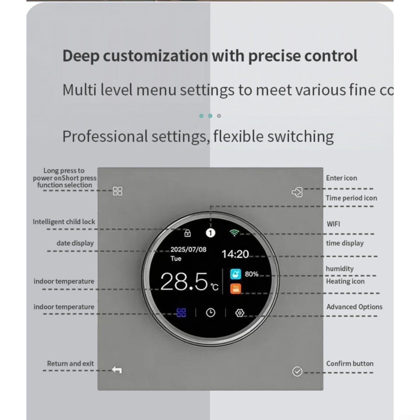 WiFi Smart Termostato Display TFT manopola 8.6x8.6x4.1CM Grigio | Termostato tutto in uno, display TFT colorato, supporto in 7 lingue, controllo, alloggiamento compatto in ABS