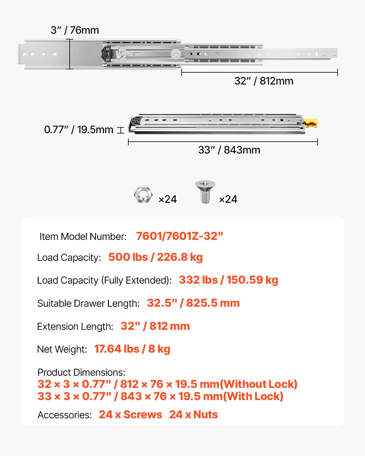 VEVOR 1 para szyn do szuflad z pełnym wysuwem 812 mm, udźwig 226,8 kg, prowadnice szuflad, łożyska kulkowe z blokadą, montowane z boku szyny teleskopowe do regałów, szafek, szuflad przemysłowych