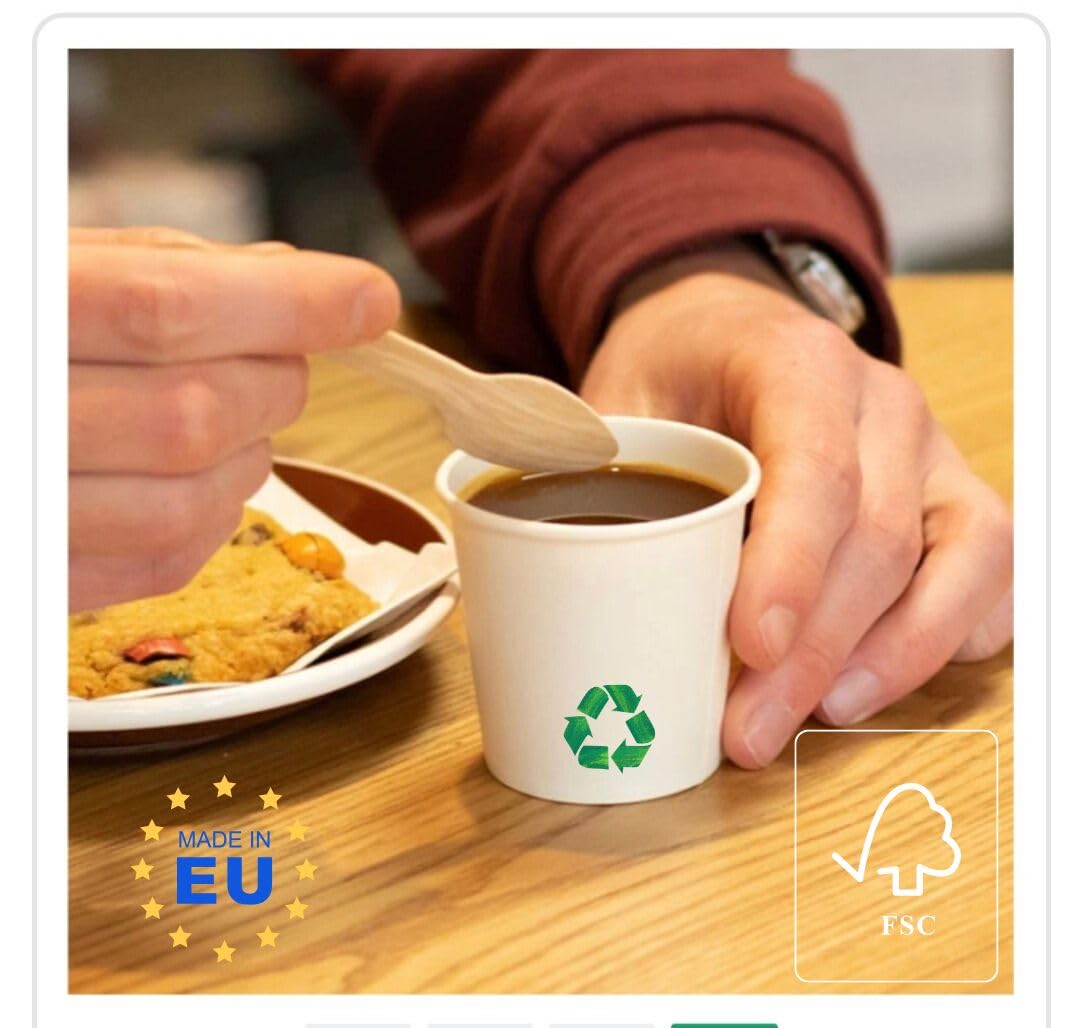 Kit Pro 1000 Gobelets 10 cl Carton Blanc Jetable + 1000 Agitateurs Bois | Rigide, Lisse, Boissons Chaudes (Café - Thé - Potages) | Bord Roulé | Sachets De 50 Unités | Gobelet Recyclable (4 Oz (10cl))