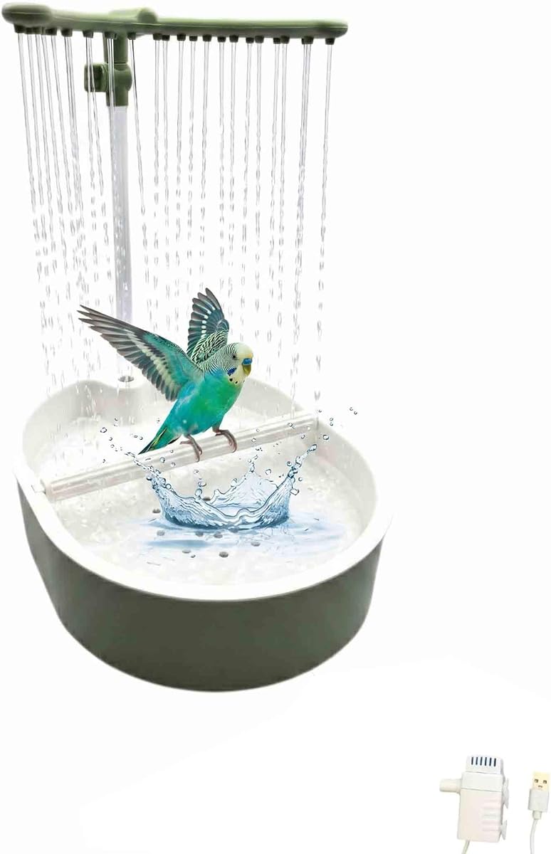 Automatic Parakeet Bird Bath with Pump,Adjustable Water Flow & Parrot Shower,USB Powered Bird Fountain Bathtub for Cage,Quiet Circulating Water System for Budgie,Lovebird (Green# L)