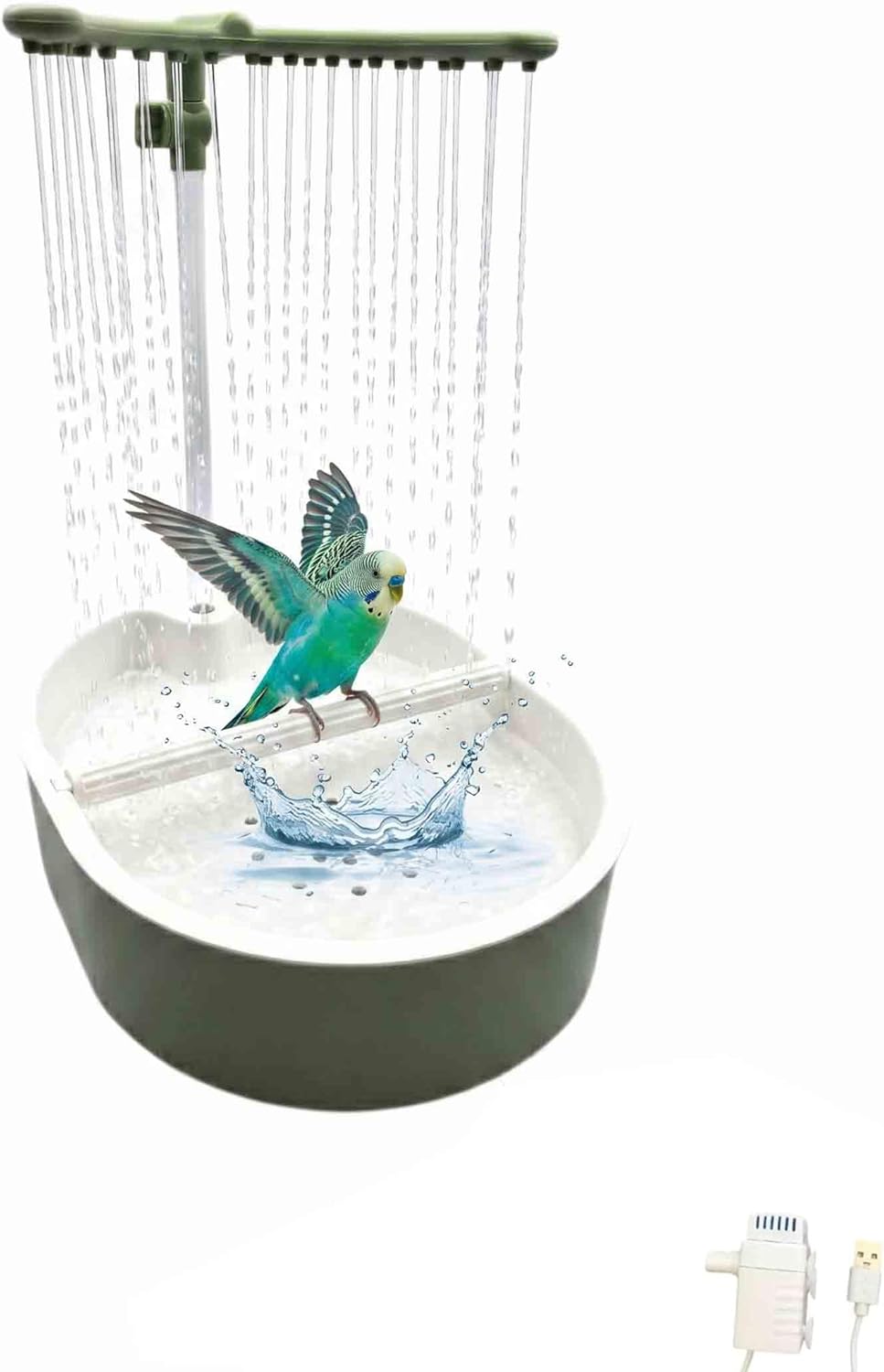 Automatic Parakeet Bird Bath with Pump,Adjustable Water Flow & Parrot Shower,USB Powered Bird Fountain Bathtub for Cage,Quiet Circulating Water System for Budgie,Lovebird (Green)