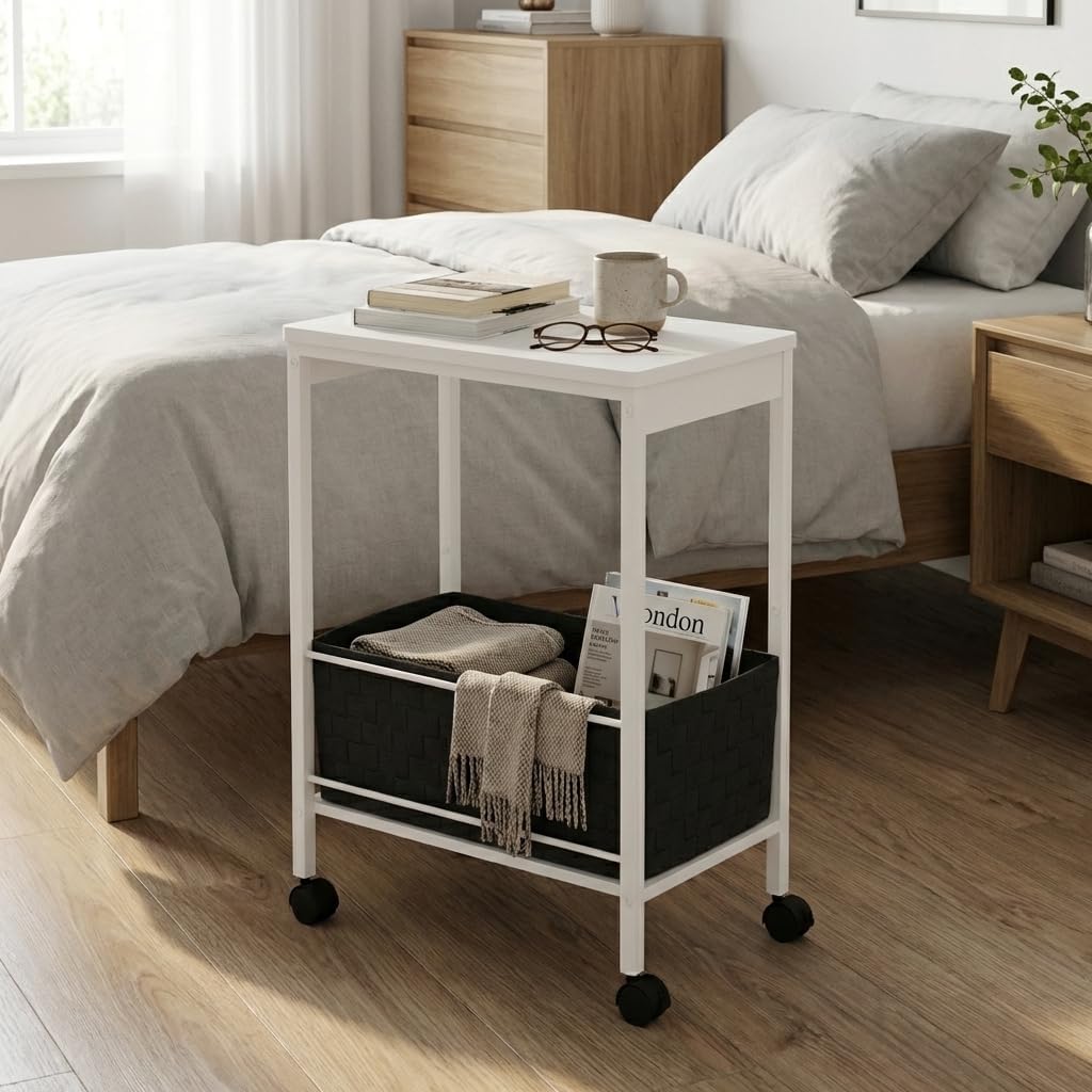 Rolling Side Table with Storage Basket, Narrow End Table on Wheels, Small Mobile Nightstand for Bedroom, Living Room, Dorm, Office, White