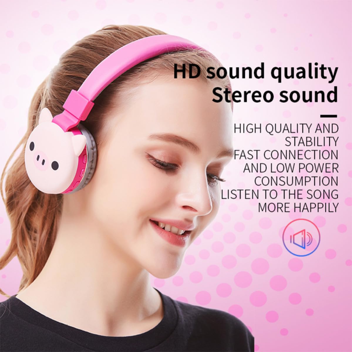 KICHOUSE Cuffie Wireless da Testa, Cuffie Wireless a Forma di Maialino, Rosa, Pieghevoli, Design Compatto, 360 Mah, per Ragazze, per Svago e Giochi