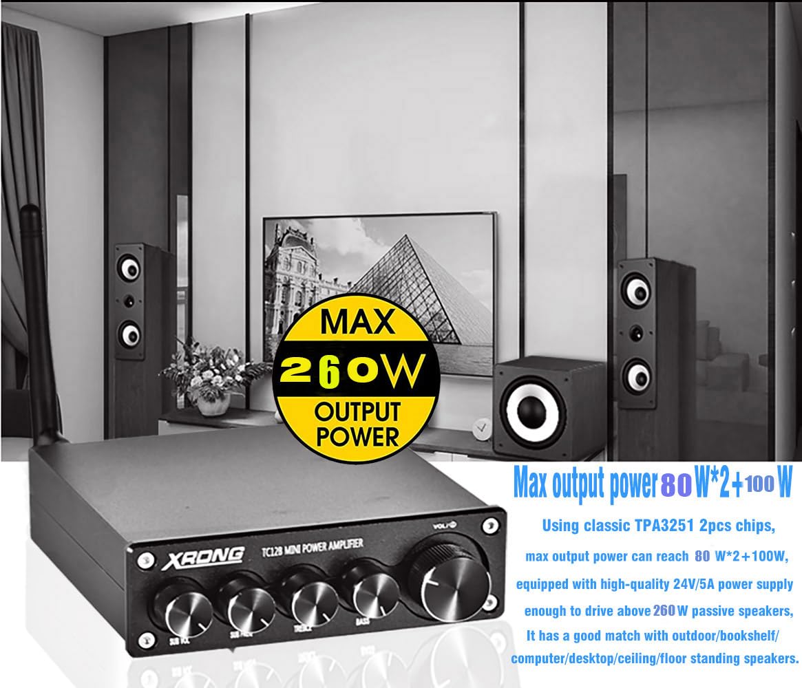 XRONG TC12B Bluetooth 5.1 Mini Power Amplifier, 2.1 Channel Class D Stereo Audio Amp, 260W Total Output, Black, with Subwoofer Control and Power Supply, for Home Speakers