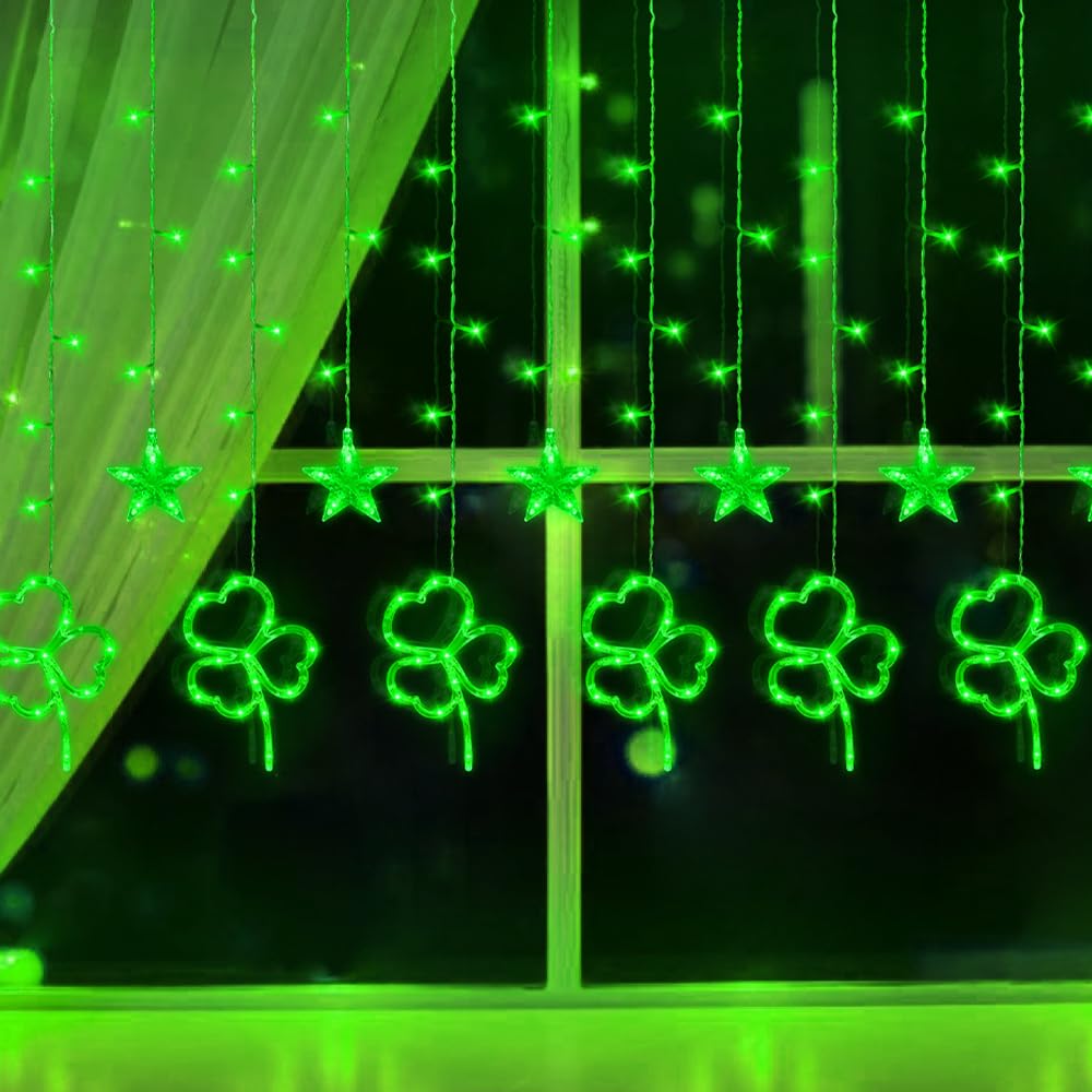 Photo 1 of [Timer, 8 Modes] St. Patrick's Day Window Lights Decorations, 156 LED Shamrock Curtain Lights USB Powered Shamrock Lights Saint Patricks Day Decorations Indoor Lights Irish St Patrick's Day Decor