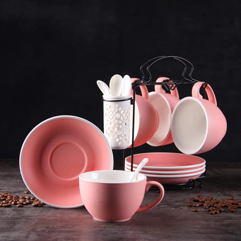 coffee cups set Set of 4 Concentrated Ceramic Coffee Cup Set Ceramic Solid Color Thick Wall Coffee Cup & Saucer Tea Set With Plate Gold Bracket 220ml@Matte pink