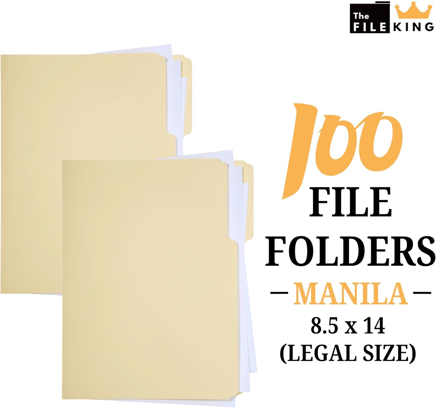 The File King 1/3 Cut Top Tab Manila File Folder - Legal Size | Box of 100 | Made in America | Assorted Tab Positions | 11-Point Fiber | Organize Papers for Easy Storage