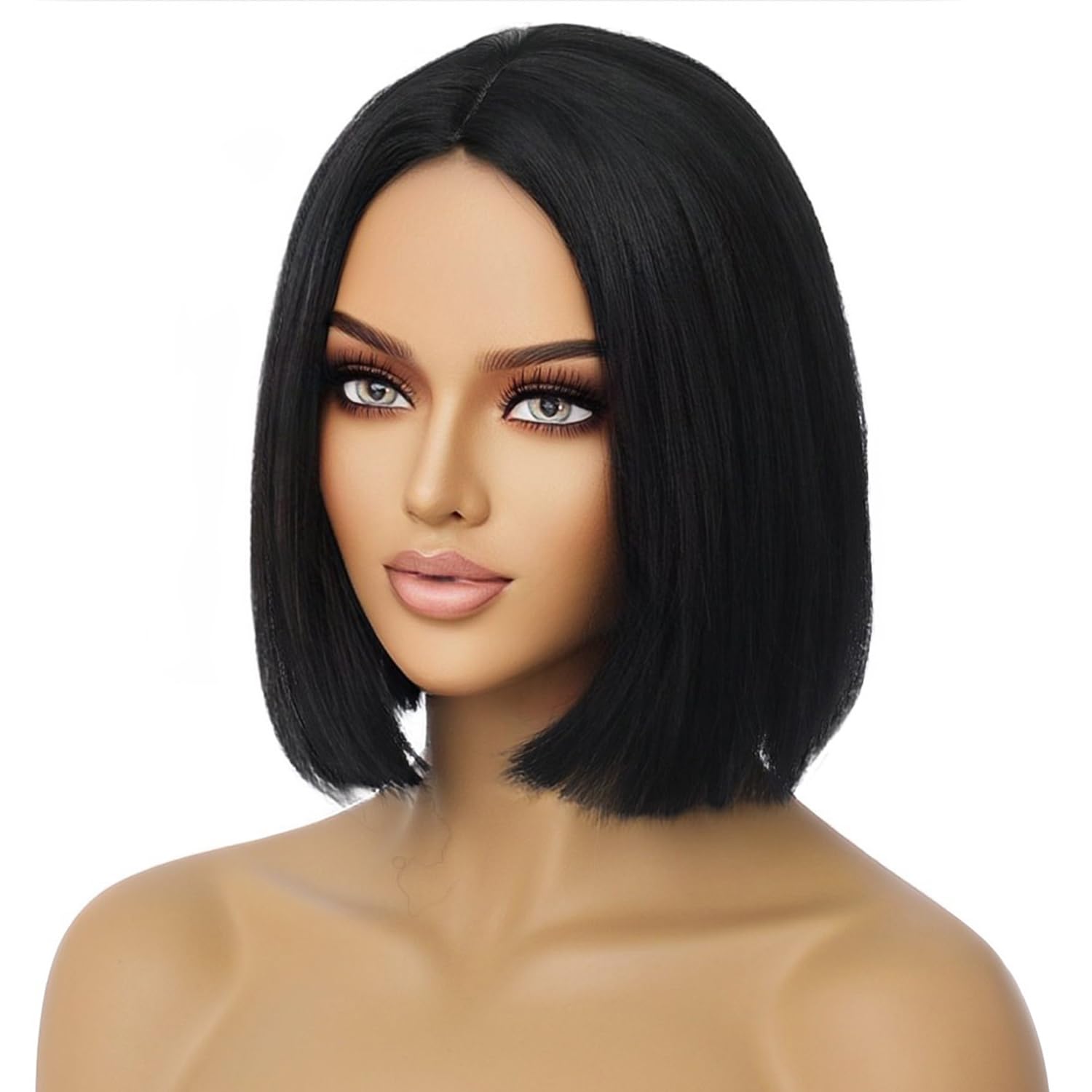 PATTNIUM Black Bob Wig for Women Short Black Wigs Straight Middle Part Black Hair Wig Natural Looking Heat Resistant Synthetic Wigs