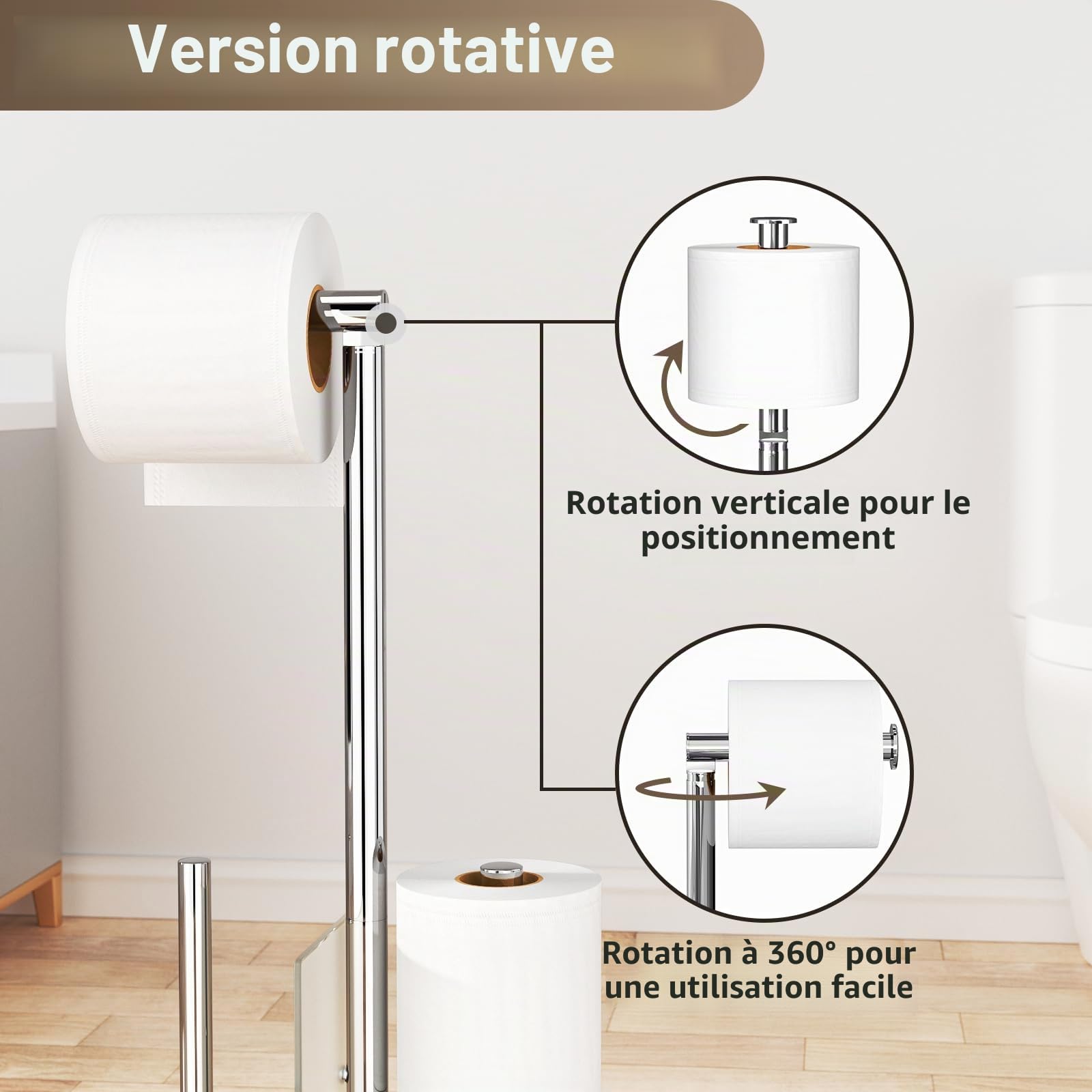 Porte Papier Toilette avec Brosse WC - Support Papier Toilette Debout en Acier Inoxydable avec Brosse de Toilette, Amovible, Porte Papier Toilette avec Verre, Pied Aucun Perçage Requis (Argenté)