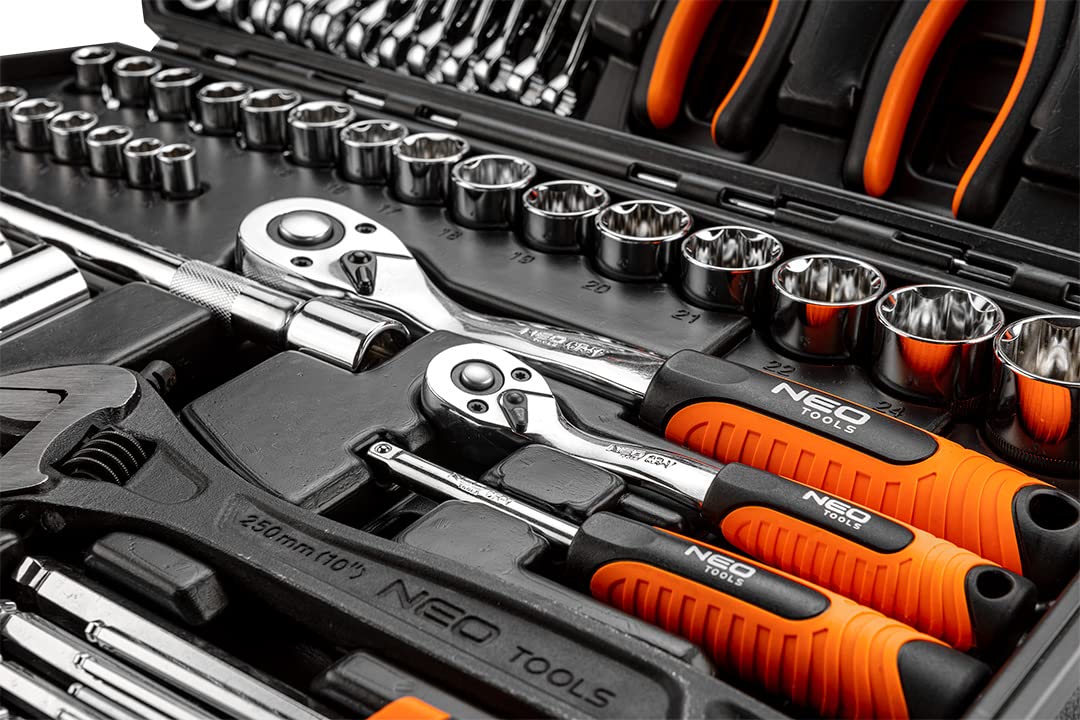 NEO TOOLS Zestaw narzędzi 143 sztuk, stal CRV, stal narzędziowa, do prac mechanicznych, elektrycznych, sanitarnych i domowych, stabilna walizka z metalowymi klamrami