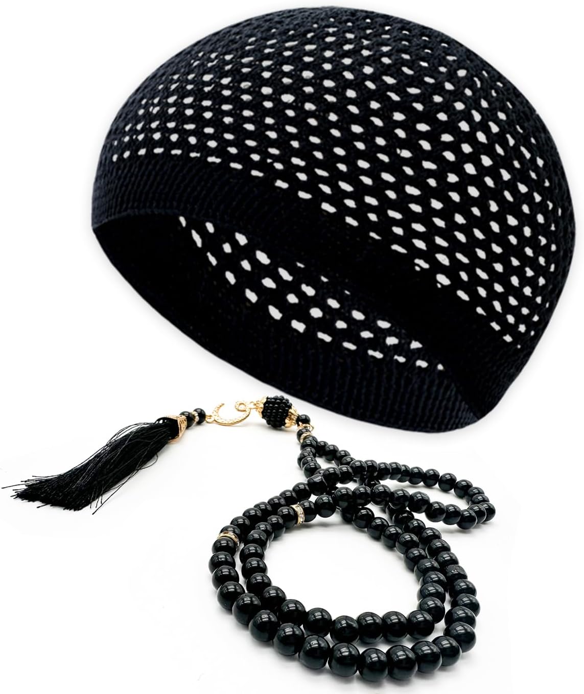 ESERRA Kufi Hats for Men and Women with 99 Tasbih Prayer Beads, Muslim Thick Breathable Skull Cap, Tasbeeh, Prayer Cap