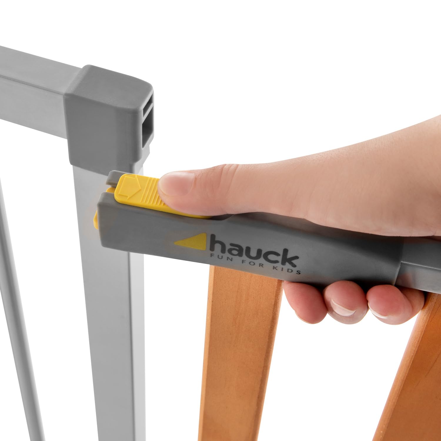 hauck Treppenschutzgitter / Türschutzgitter mit Holzoptik Woodlock 2 (Basisgitter ohne Verlängerung), für Breiten 75 - 80 cm, ohne Bohren, Einhändiges Öffnen, Beidseitig Schwenkbar, Metall (Silver)