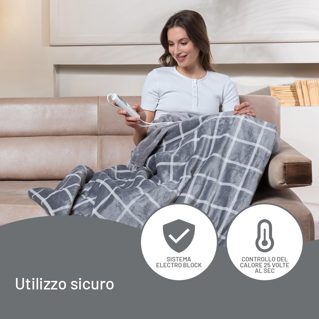 Imetec CaldoPlaid Riscaldabile Velvet Square | Morbida Coperta Elettrica per Divano o Letto, 150x95 cm, 6 Temperature, Rapido Riscaldamento, Lavabile in Lavatrice, Timer Spegnimento, Bassi Consumi