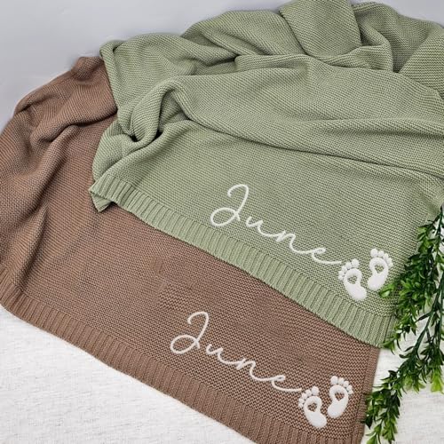 Image of Luxury Personalized Name Embroidered Soft Breathable Cotton Knit Blanket, Newborn Gift for New Mom, Perfect for Baby Girl & Boy