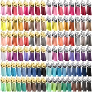 Duufin 200 Pieces Keychain Tassels Bulk Leather Tassel Coloured Tassel Pendants for DIY Keychain and Craft, 50 Colours (Gold & Silver Cap)