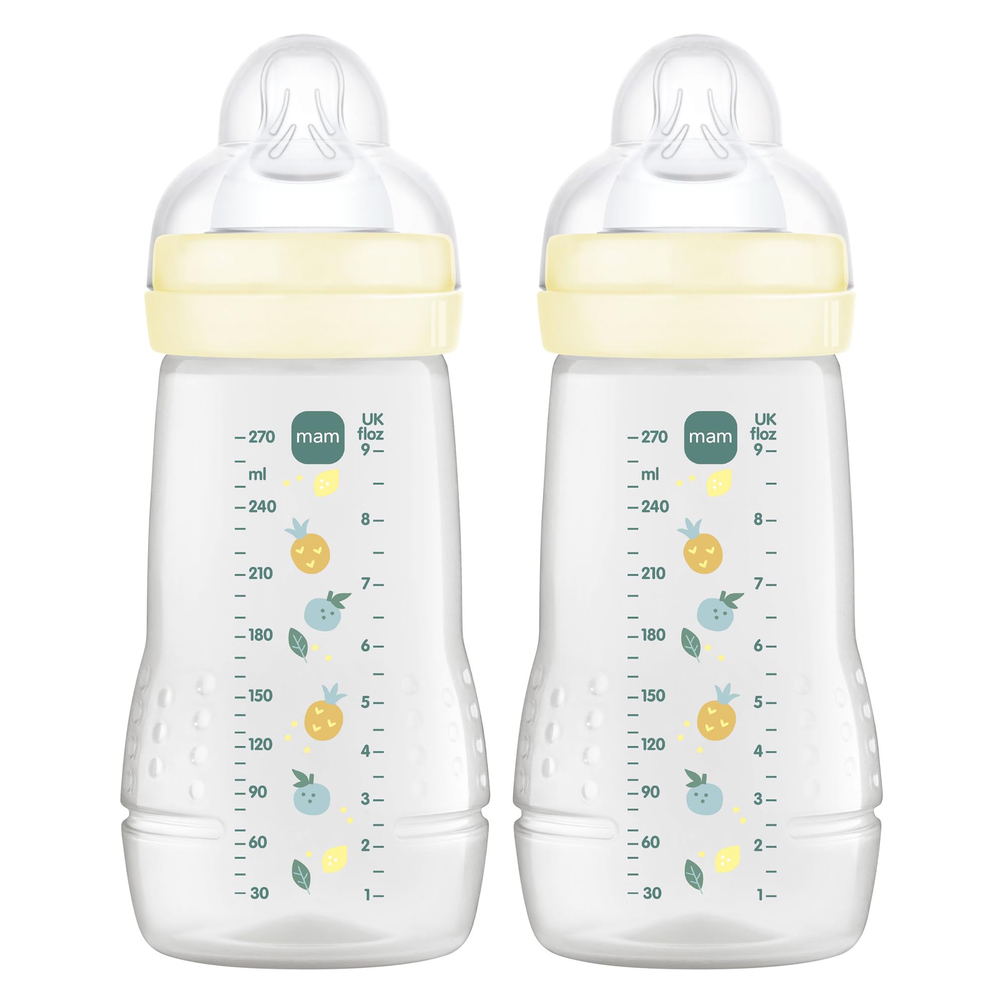 MAM Pack 2 Biberones, 2-4 Meses, 270ml, con Tetina 2 de Flujo Medio de Silicona de Fácil Aceptación, Fácil de Sostener, Fácil de Limpiar, MAM Easy Active, Neutro Brillante, Pack de 2uds