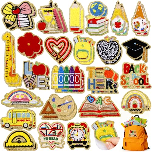 50 Pcs Back to School Patches for Girls Chenille Self-Adhesive Patches Stick on Embroidered First Day of School Patch Crayon Pencil Apple Composition Notebook Sticker Patch for Clothing Backpack Hat