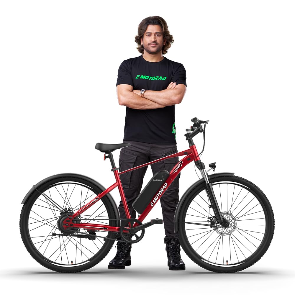 E MOTORAD - RIDE THE ELECTRIC REVOLUTION Unisex X1 Mountain Electric Cycle with Removable Battery, 27.5inch Wheel Size, Front Suspension, 250W BLDC Motor, 90% Assembled (7.65Ah Battery, Ruby Red)-image-25