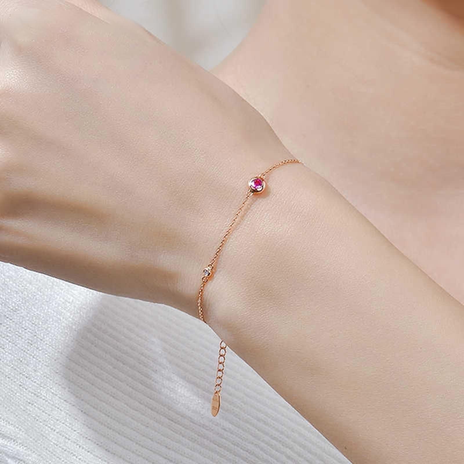 Pulseras Oro Rosa Mujer 9Kilates / 14Kilates / 18Kilates, Redondo con Rubí y Diamante, Cadena Extensible 16 CM + 5 CM, Pulseras Mujer de Oro Rosa