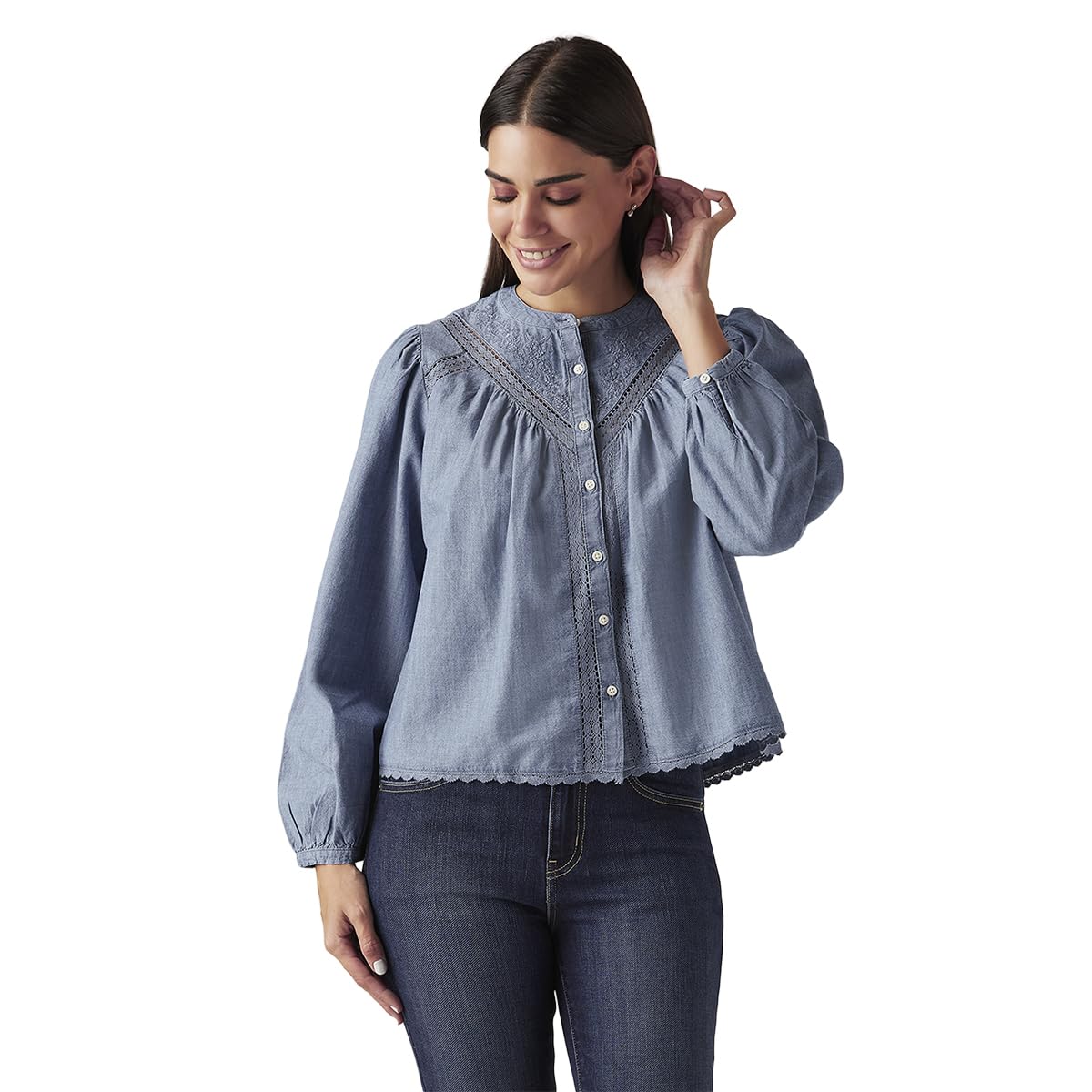 Levi's Women's Embroidered Light-Blue Band Neck Top in blue