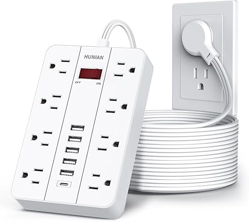 Miniatura 1 de HUNIAN - Cable de extensión con protector de sobretensiones de 15 pies, enchufe plano HUNIAN con 8 tomas ampliamente espaciadas, 6 USB (1 puerto USB