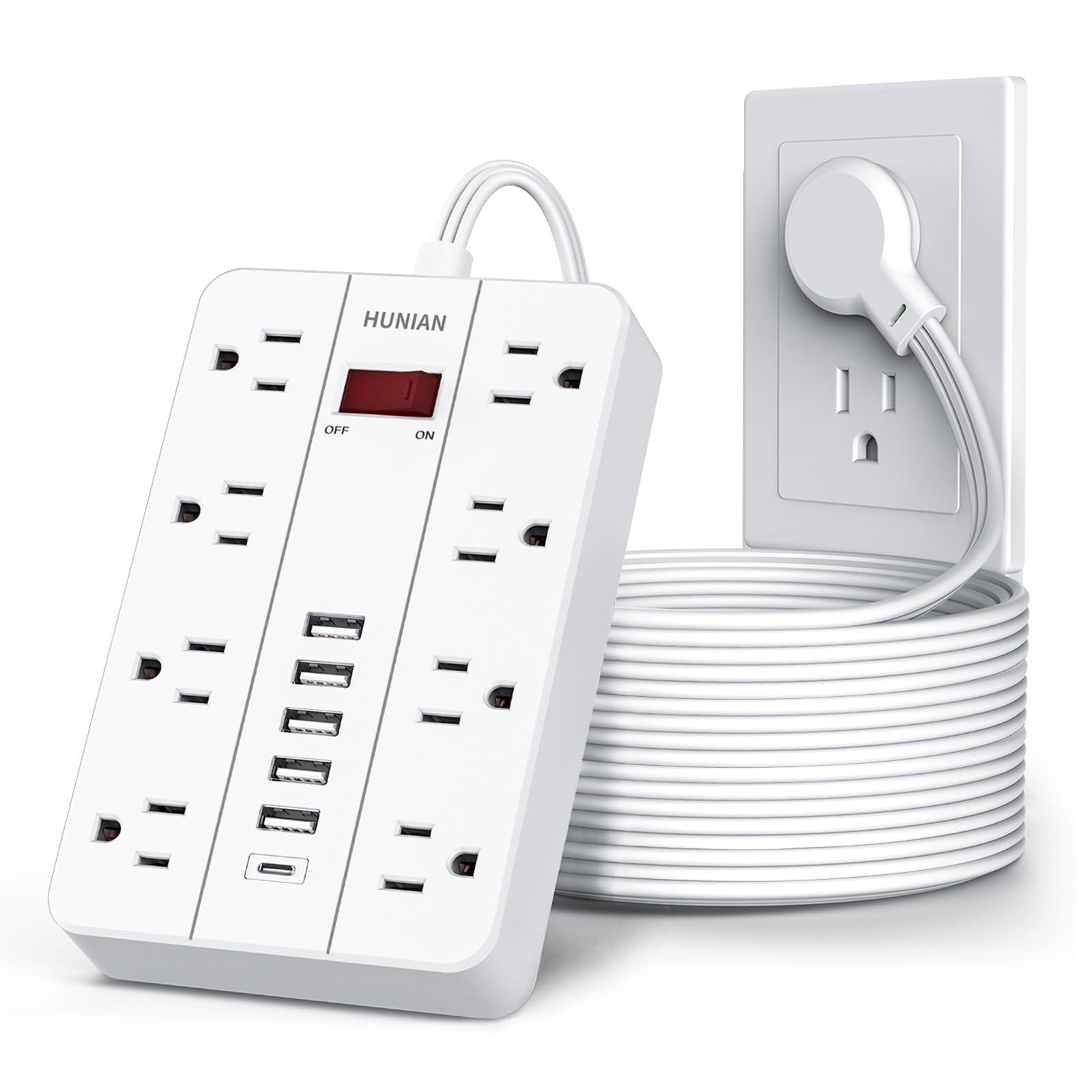 Extension Cord Power Strip Surge Protector 15 Ft, HUNIAN Flat Plug with 8 Widely Spaced Outlets 6 USB (1 USB C Port), Wall Mount Charging Station for