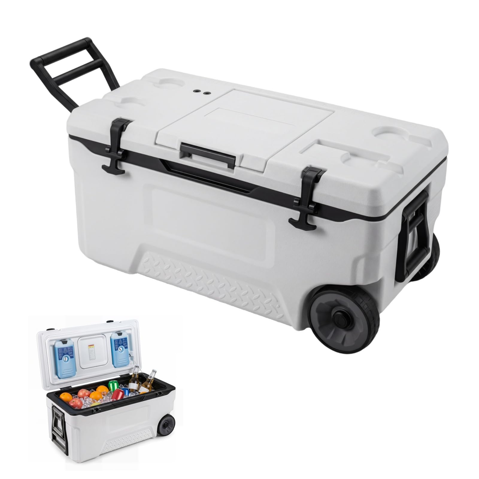 LIFEZEAL Glacière 50/70 L Isotherme, Boîte Réfrigérante Grande Capacité | Maintient Froid 151H et Chaleur 32H, Siège d'Appoint, Porte-Gobelets, Décapsuleur, Règle de Pêche, pour Pique-Nique Camping