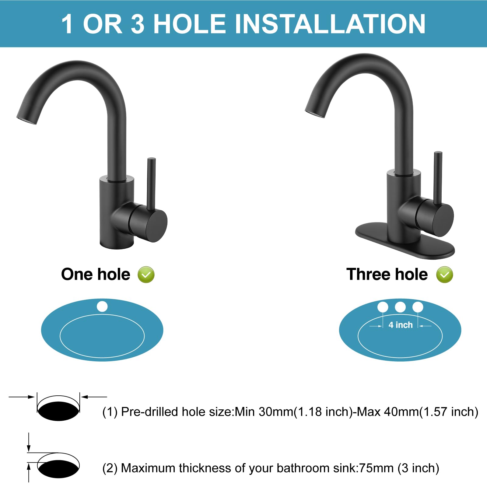Ensemble robinetterie de Douche Effet Pluie Noir Mat 12 Pouces avec Robinet monotrou pour évier de Bar ou de Cuisine