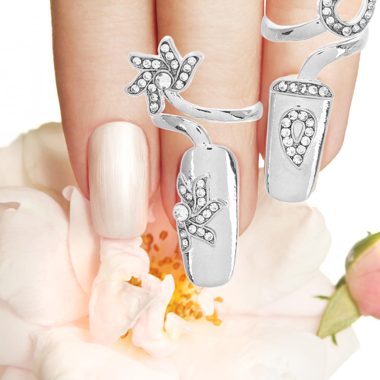 WOONEKY Women Nail Rings Silver Rhinestone Decorative Ring Set Multi-Size Nail Caps for Wedding Party Manicure Home Use