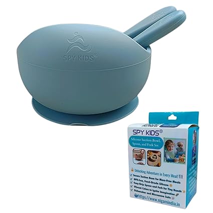 SPY KIDS Silicone Baby Feeding Bowl Spoon & Fork Set - Non-Slip Suction, Microwave & Dishwasher Safe for Babies and Toddlers - Unbreakable, Easy Clean (Ivory Blue)