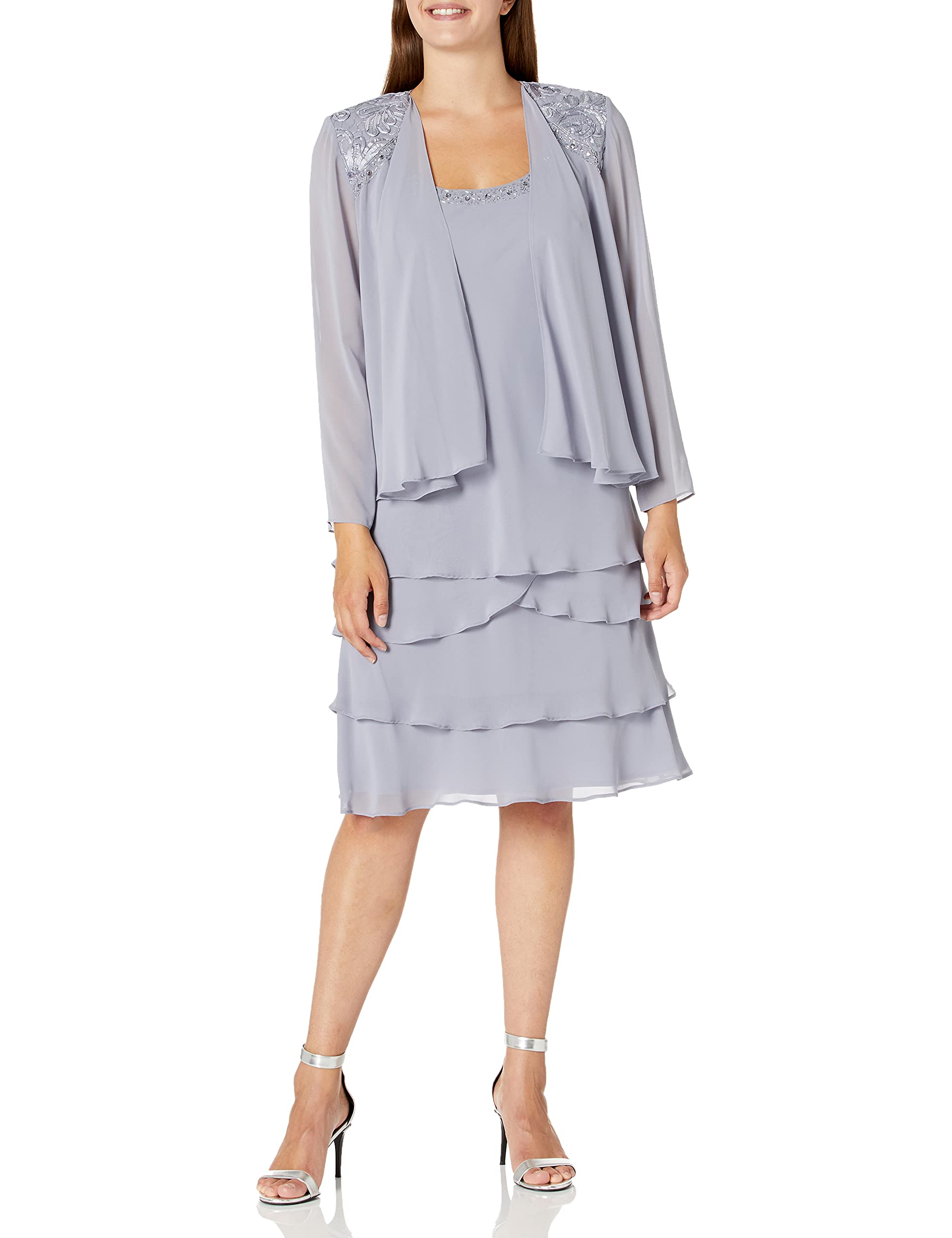 S.L. Fashions Women's Mother of The Bride Tiered Jacket Dress with Shoulder Embellishment (Petite and Regular Sizes) Special Occasion, Concrete, 14