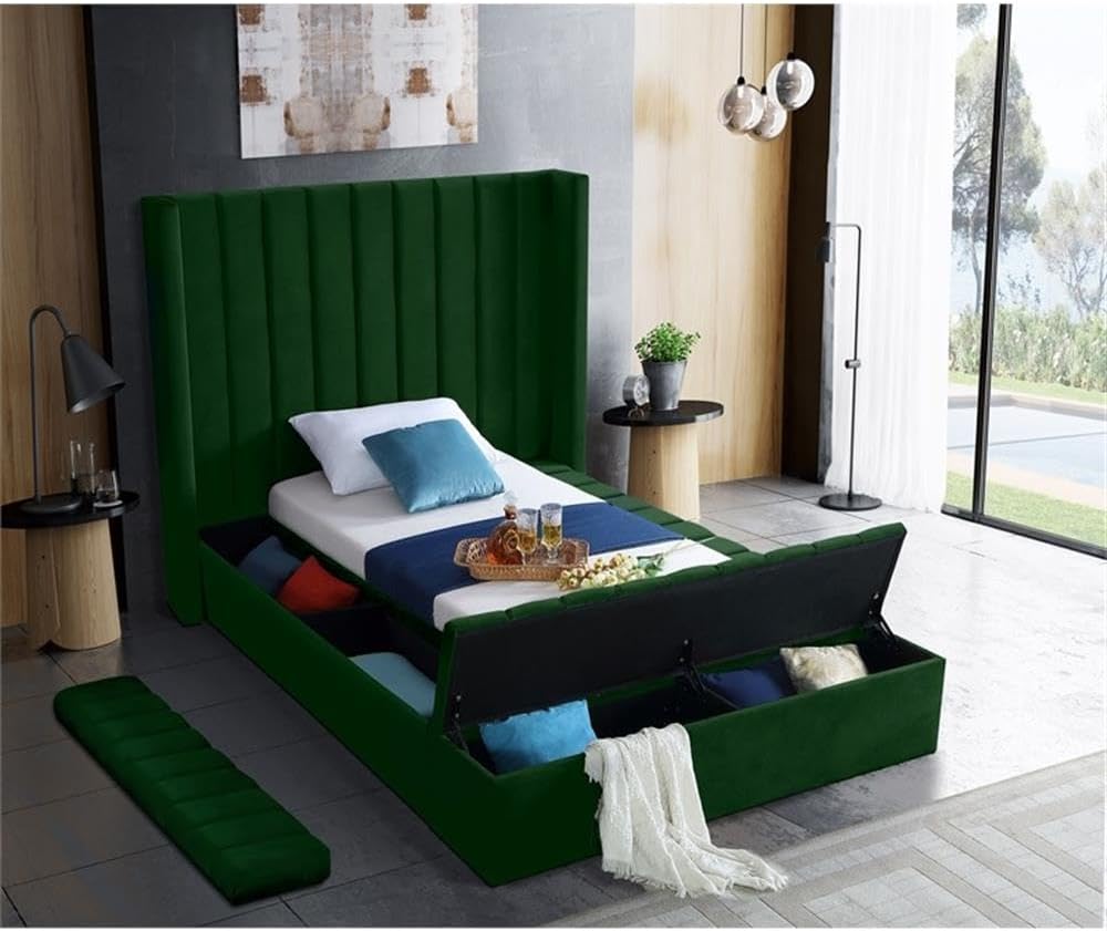 Meridian Furniture Kiki Collection Modern | Contemporary Velvet Upholsterd Bed with Channel Tufting, Siderails and Footboard Storage Compartments, Twin, Green