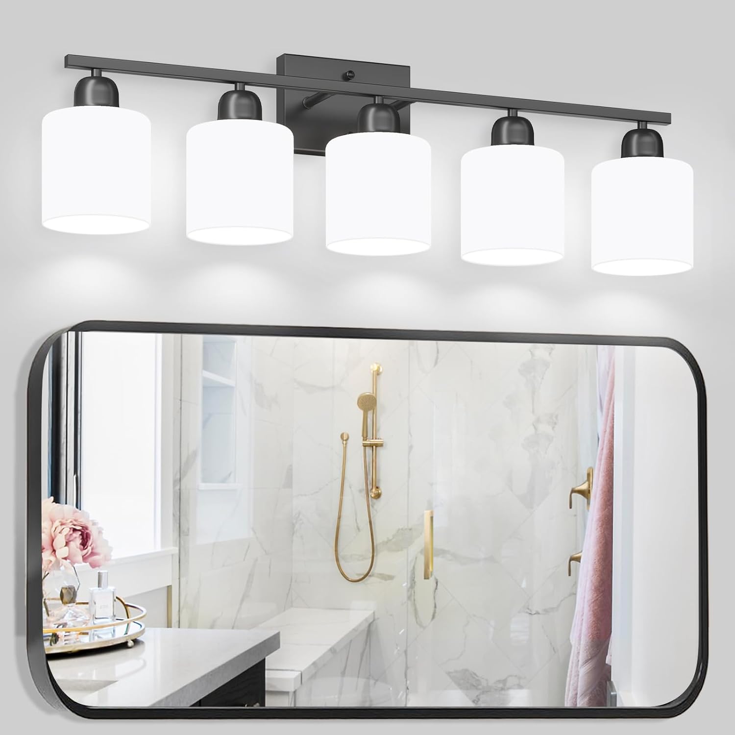 5-Light Black Bathroom Vanity Light, Black Vanity Light with Milky White Frosted Glass Shades, Modern Vanity Light Fixture for Bathroom Mirror, Bedroom, Living Room, Hallway, Vanity Table, E26 Base