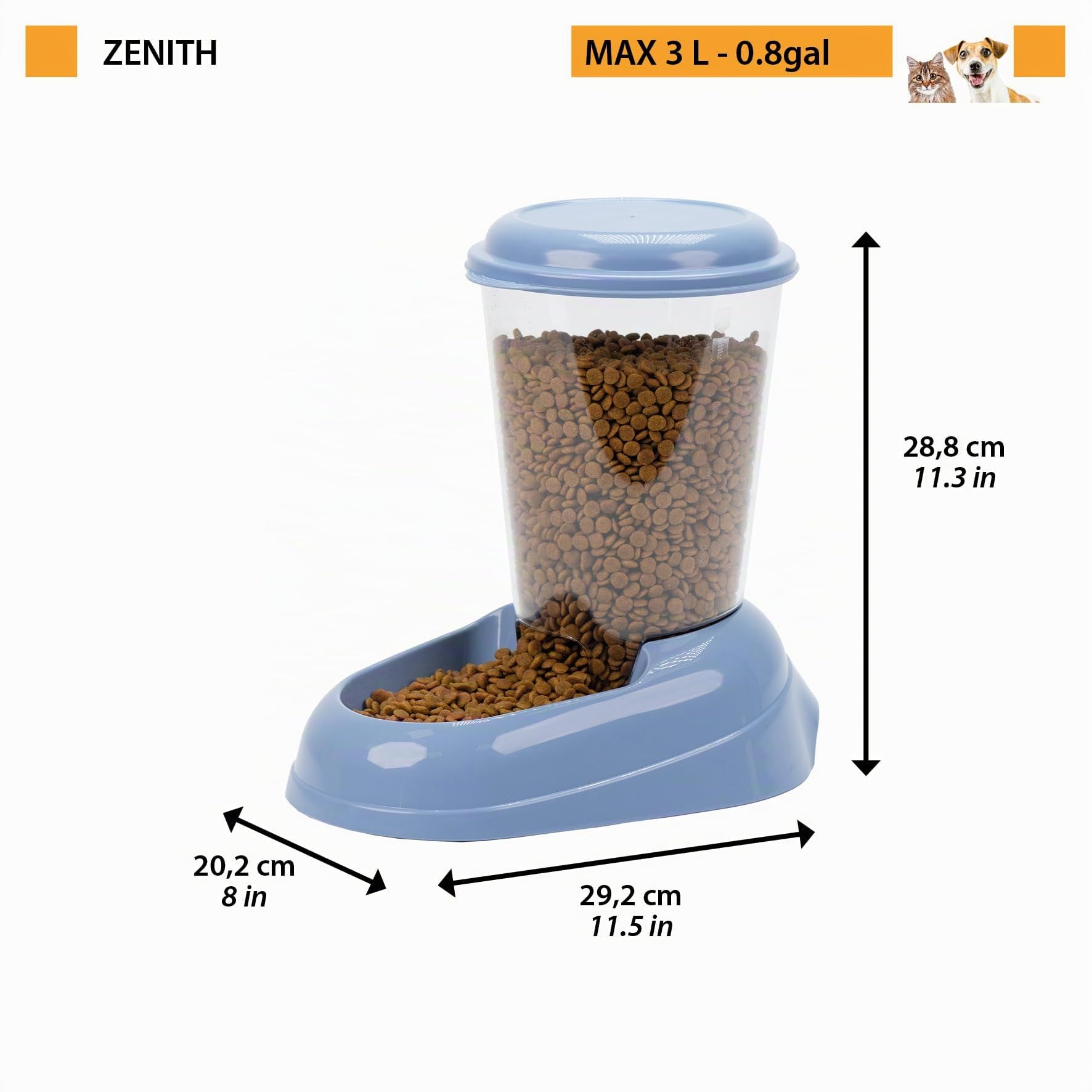 Ferplast Distributeur de croquettes pour Chiens et Chats Zenith, 3 litres, Distributeur de croquettes pour Animaux, Fond antidérapant, 20,2 x 29,2 x h 28,8 cm Bleu