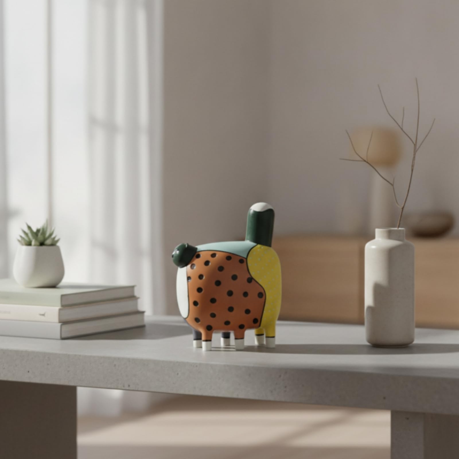 F Fityle Figurita de Gato Decorativa Estatua de Animal Escultura de Gato Adorno de Mesa en Resina con Cuerpo con Motivo de Puntos y Piernas Cortas Blancas