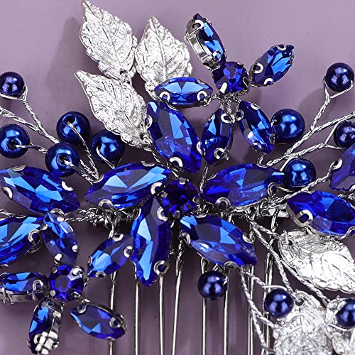 Teyglen Bridal Wedding Hair Combs Flower Blue Rhinestones Crystal Side Hair Comb Gold Silver Leaf Crystal Bride Hair Accessories For Women Bride Girls (Blue) #TOP4