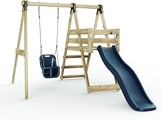 Rebo Glide Wooden Single Swing Set with 6ft Slide and Swing Seat – Orchid (Navy Blue Baby Swing) | OutdoorToys | Kids Outdoor Wooden Play Equipment for Gardens, Frame & Accessories Included