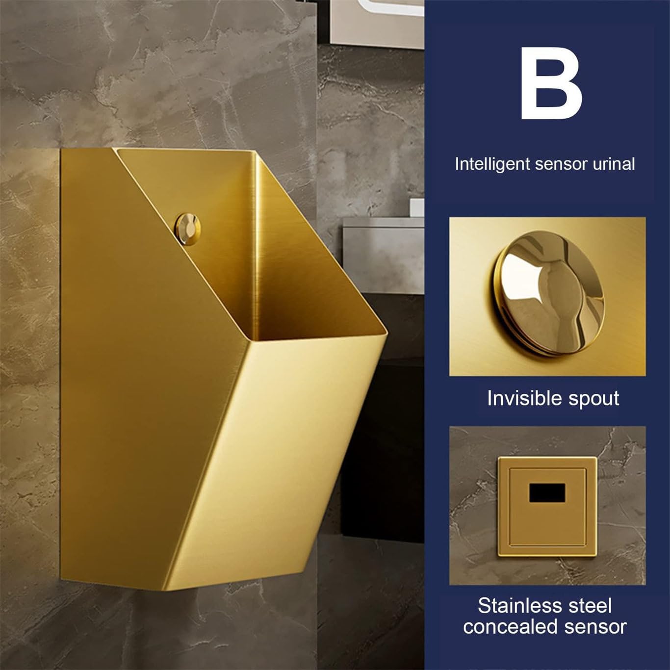 Orinatoio a parete in acciaio inox anti-trabocco, orinatoio commerciale da uomo, WC verticale per casa, hotel, bar, aeroporto, rosegold-orinalplussensor (Gold Urinalplussensor)
