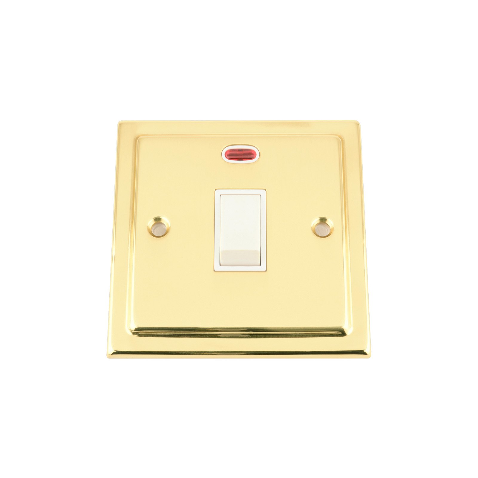 20A Double Pole Switch - Victorian Polished Brass - White Insert Plastic Switch - DP Water Heater Switch with Neon Indicator